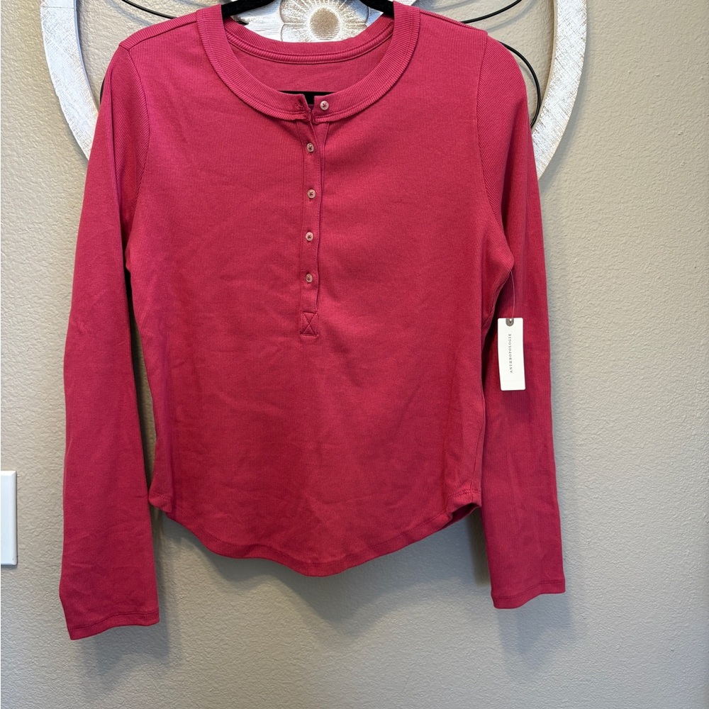 Anthropologie Pilcro Long-Sleeve Henley Top in Raspberry Pink